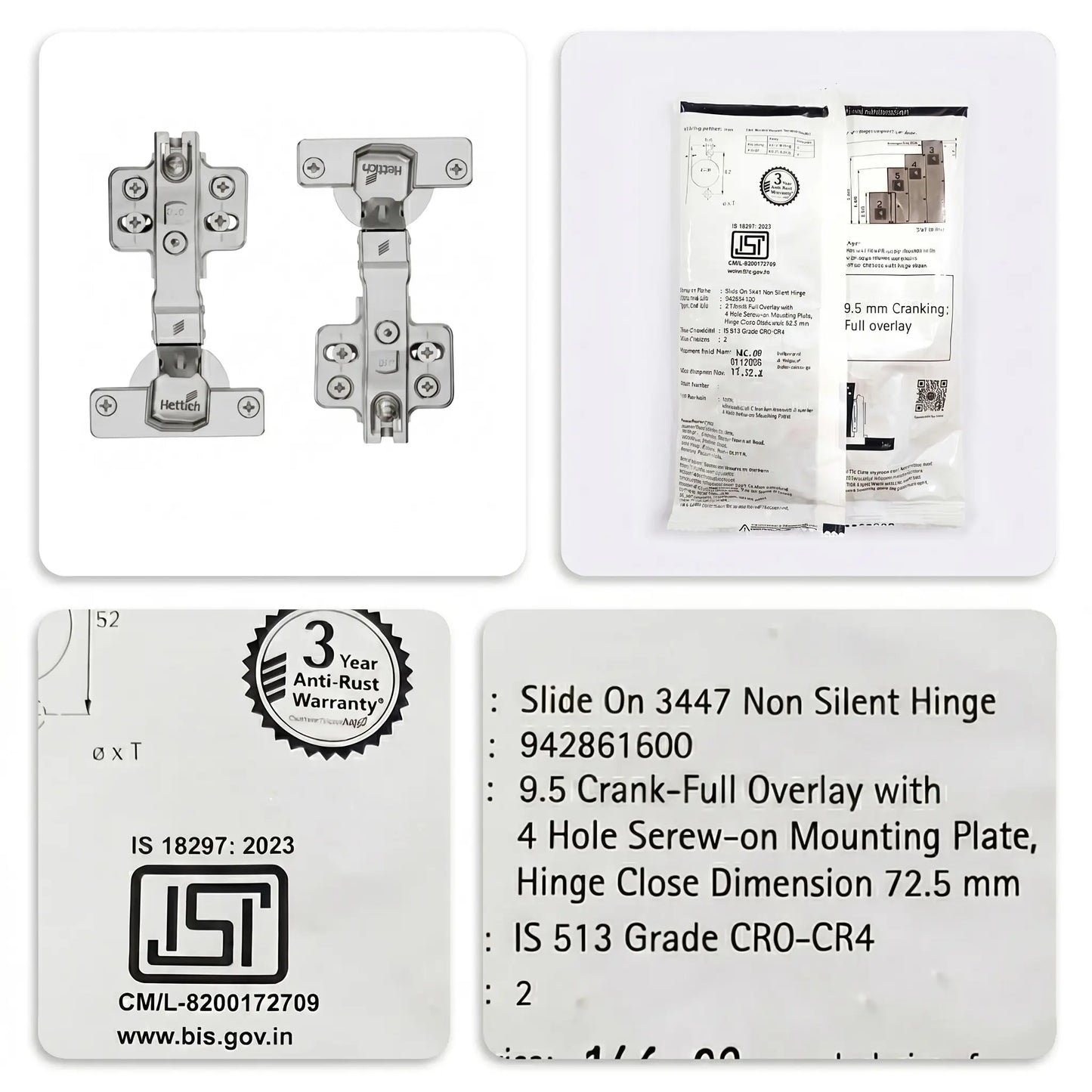 Hettich Slide On 3447 Non-Silent Hinge, Regular Close