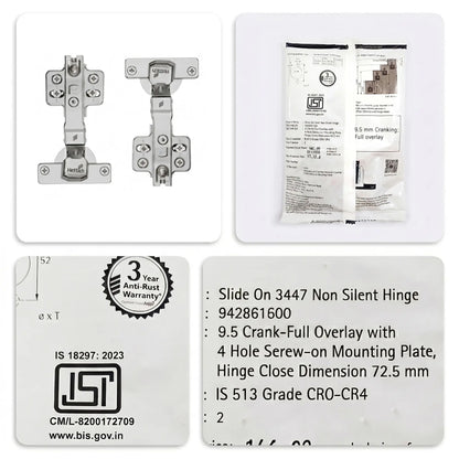 Hettich Slide On 3447 Non-Silent Hinge, Regular Close