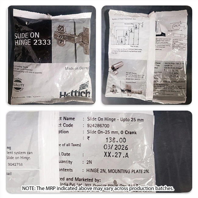 Hettich Slide On 2333 Regular Close Hinges, 1 Set (2 Nos)