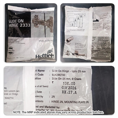 Hettich Slide On 2333 Regular Close Hinges, 1 Set (2 Nos)