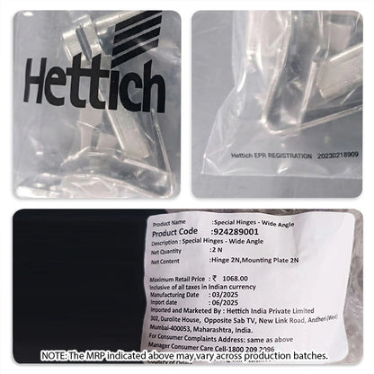 Hettich Intermat 9956 Corner 165° Zero Protrusion Regular Close Hinges, 0 Crank, 1 Set (2 Nos)