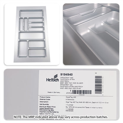 Hettich OrgaTray 440 Trimmable (Fixed Partition) Cutlery Insert, Silver
