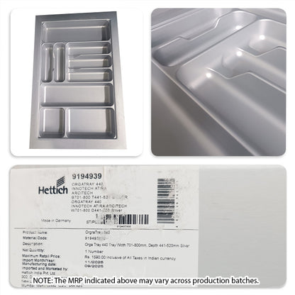 Hettich OrgaTray 440 Trimmable (Fixed Partition) Cutlery Insert, Silver
