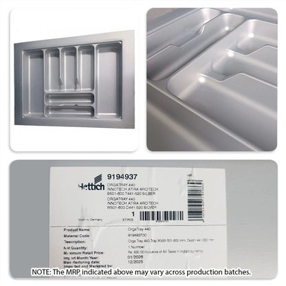 Hettich OrgaTray 440 Trimmable (Fixed Partition) Cutlery Insert, Silver
