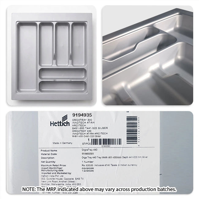 Hettich OrgaTray 440 Trimmable (Fixed Partition) Cutlery Insert, Silver