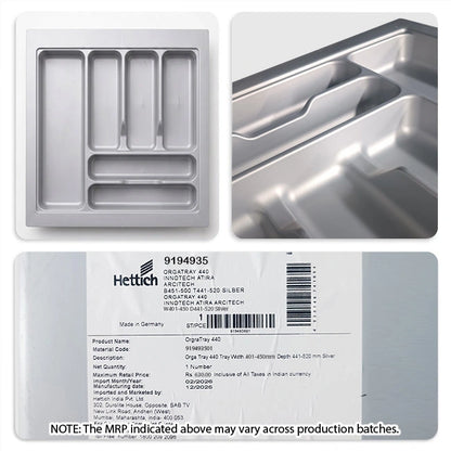 Hettich OrgaTray 440 Trimmable (Fixed Partition) Cutlery Insert, Silver