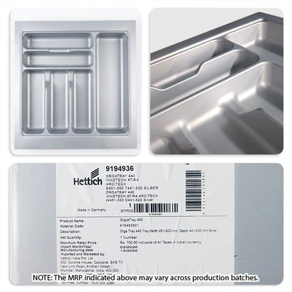 Hettich OrgaTray 440 Trimmable (Fixed Partition) Cutlery Insert, Silver