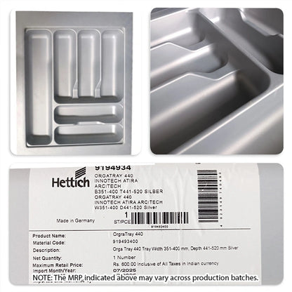 Hettich OrgaTray 440 Trimmable (Fixed Partition) Cutlery Insert, Silver