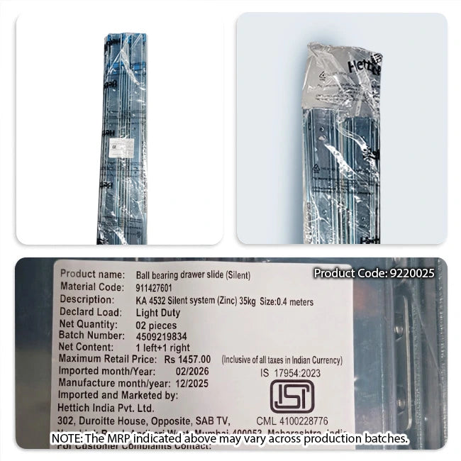 Hettich KA 4532 German Telescopic Channel, Soft Close, 35kg, Zinc