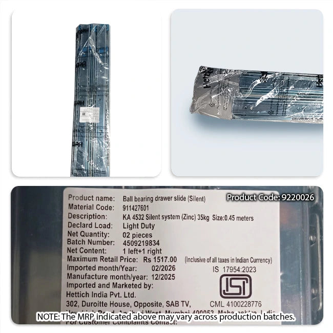 Hettich KA 4532 German Telescopic Channel, Soft Close, 35kg, Zinc