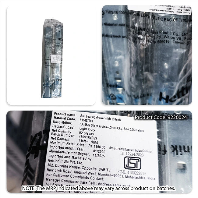 Hettich KA 4532 German Telescopic Channel, Soft Close, 35kg, Zinc