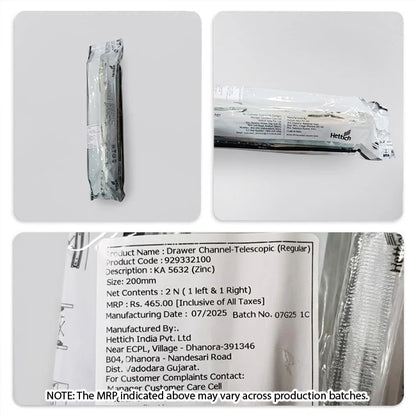 Hettich KA 5632 Telescopic Channel, Regular Close, 45 kg Capacity, Zinc, 200mm to 700mm