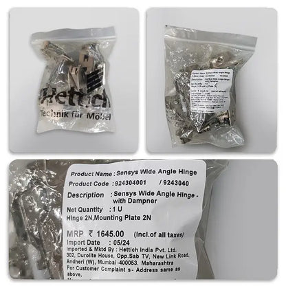 Hettich Sensys 8657i Corner 165° Zero Protrusion Soft Close Hinges, 0 Crank, 1 Set (2 Nos) | HomeRun, Bangalore