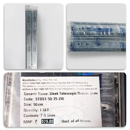 Ebco Sleek Telescopic Drawer Channel (STDS-I), Regular Close, 35 kg Capacity