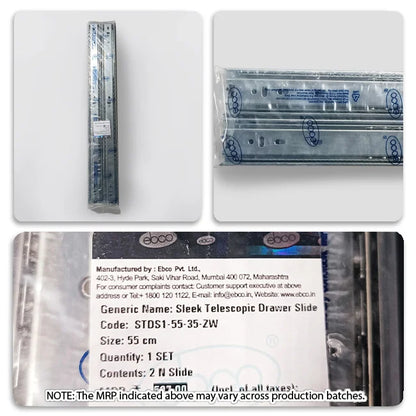 Ebco Sleek Telescopic Drawer Channel (STDS-I), Regular Close, 35 kg Capacity