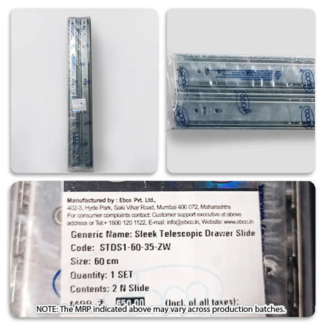 Ebco Sleek Telescopic Drawer Channel (STDS-I), Regular Close, 35 kg Capacity