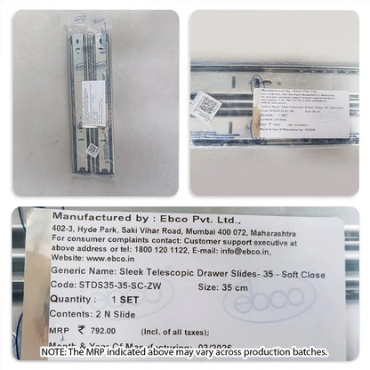 Ebco Sleek Telescopic Drawer Channel, Soft Close, 35 Kg Capacity, Zinc