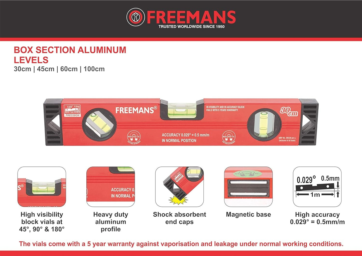 Freemans Spirit Level, Aluminium, Magnetic, 30cm