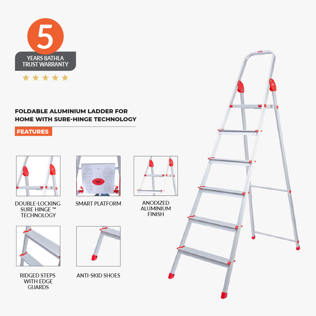 Bathla Arize 5-Step Foldable Aluminium Ladder (110 CM) – Premium Anodized Finish, High-Stability Sure-Hinge™ Technology | HomeRun, Bangalore