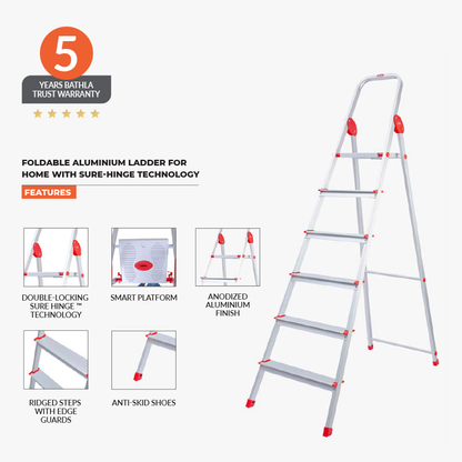 Bathla Arize 5-Step Foldable Aluminium Ladder (110 CM) – Premium Anodized Finish, High-Stability Sure-Hinge™ Technology | HomeRun, Bangalore