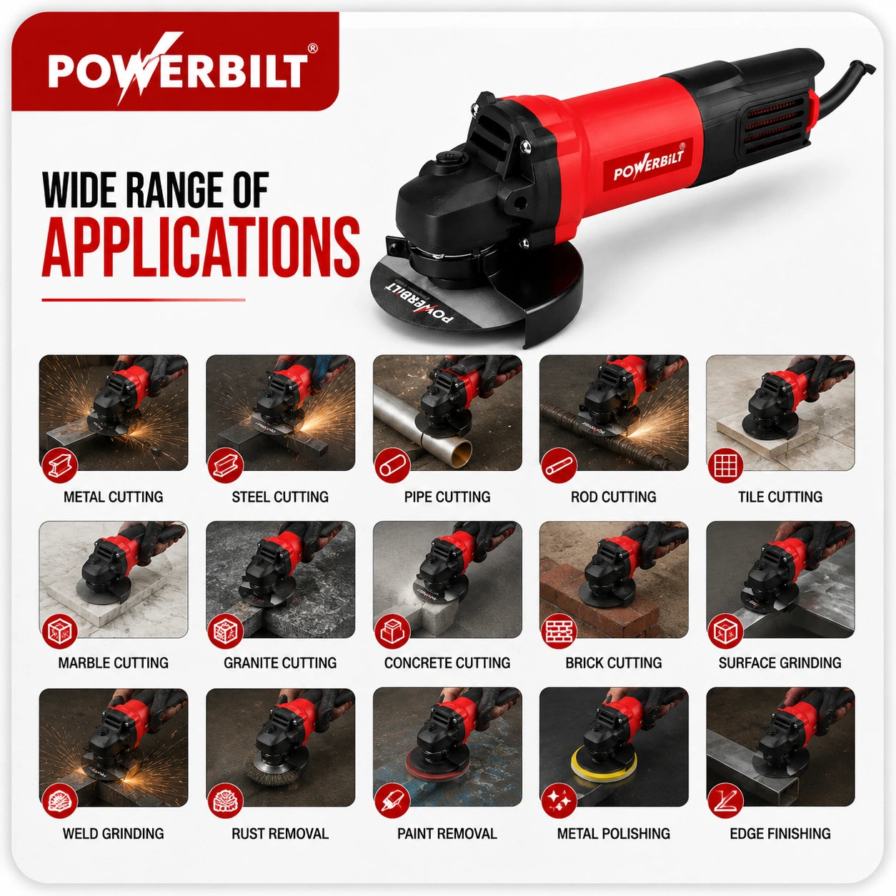 Powerbilt PBT-AG4-1100 Heavy Duty Angle Grinder, 1100W, 100mm (4")