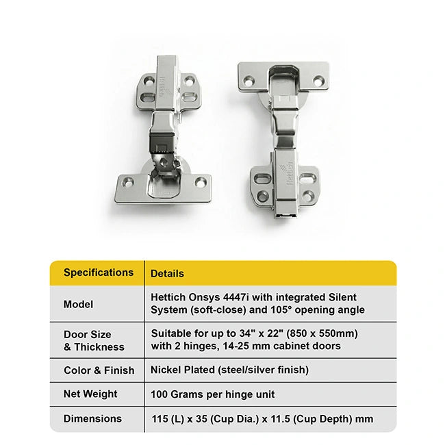 Hettich Onsys 4447i Soft Close Hinges, 1 Set (2 Nos) | HomeRun, Bangalore