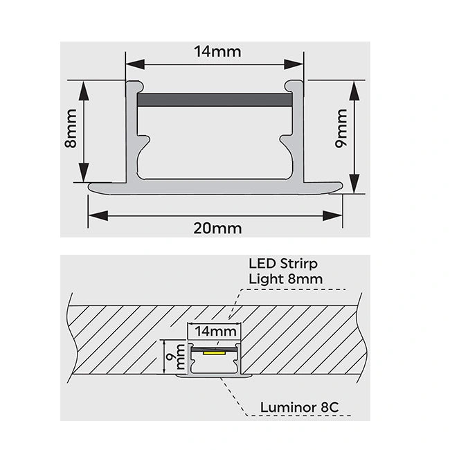 Ebco Luminor 8C, Set of Aluminium Heat Sink Profile with Diffusor Profile, Length 3m, LUM8C1